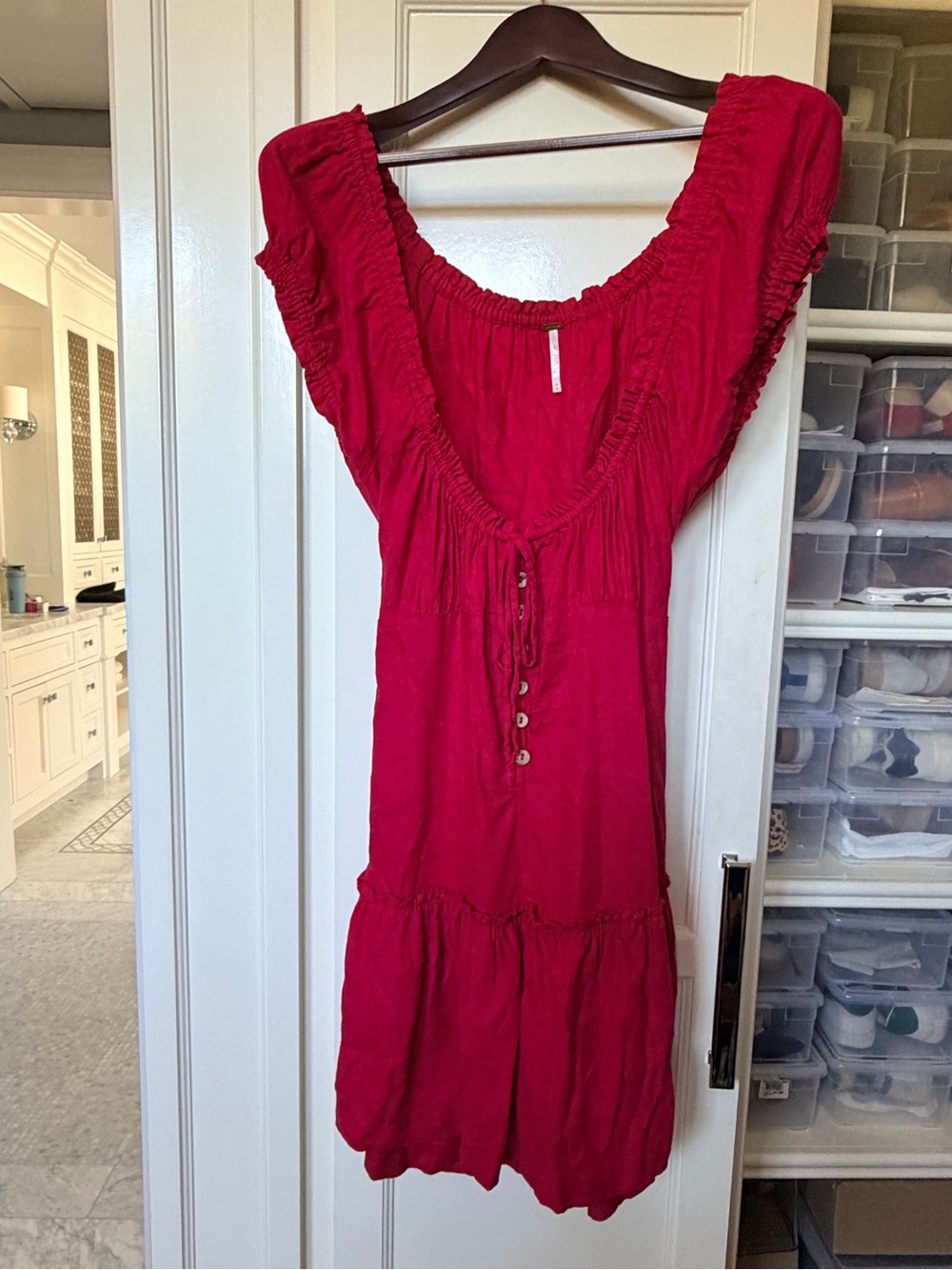 Red Free People Perri Linen Drop Waist Mini Dress - Picture 2 of 7